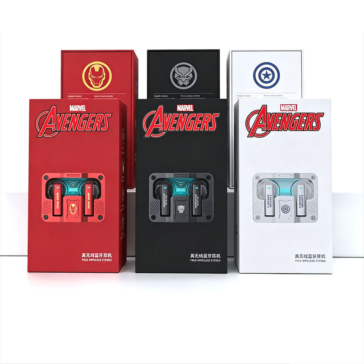 Marvel Avengers Iron Man Captain America Black Panther Multi‑Styles TWS Bluetooth 5.3 Gaming Earbuds, Transparent Zinc‑Alloy Charging Case, RGB Lighting Low Latency Touch Control Wireless Headphones For Superhero Fans Collectible Gift