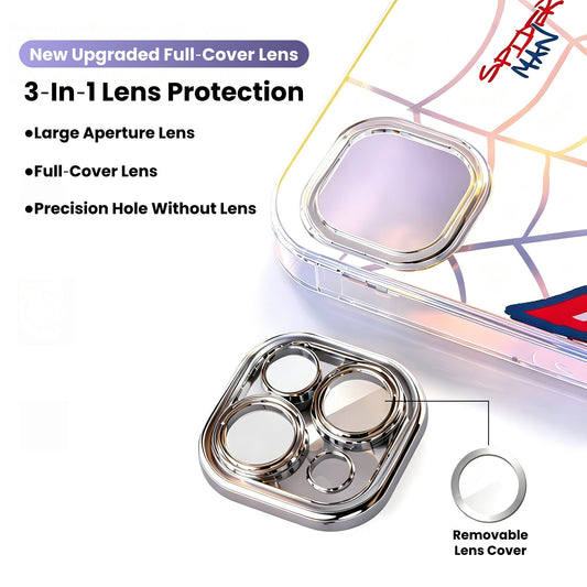 Marvel Spider‑Man 2‑Style Cartoon Graphic iPhone Phone Case, 3‑In‑1 Detachable Electroplated Camera Lens Frame Protective Cover, Quad Airbag Anti‑Drop Shockproof Phone Shell, Multiple Lens Protection Options