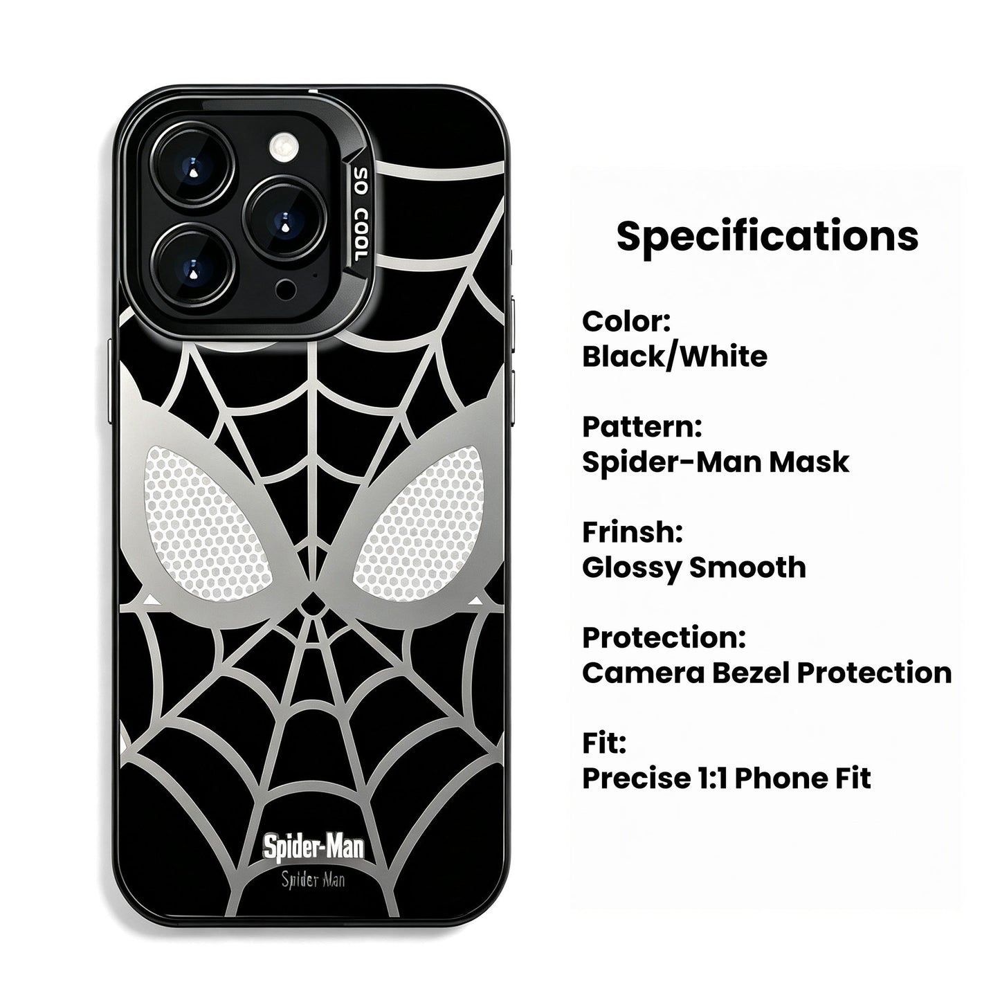 Marvel Spider‑Man Creative iPhone Phone Case, Glossy Smooth Fingerprint‑Resistant Cover with Camera Bezel Protection, Comfortable Grip Precise Fit Phone Shell, Black & White 2 Colors Available