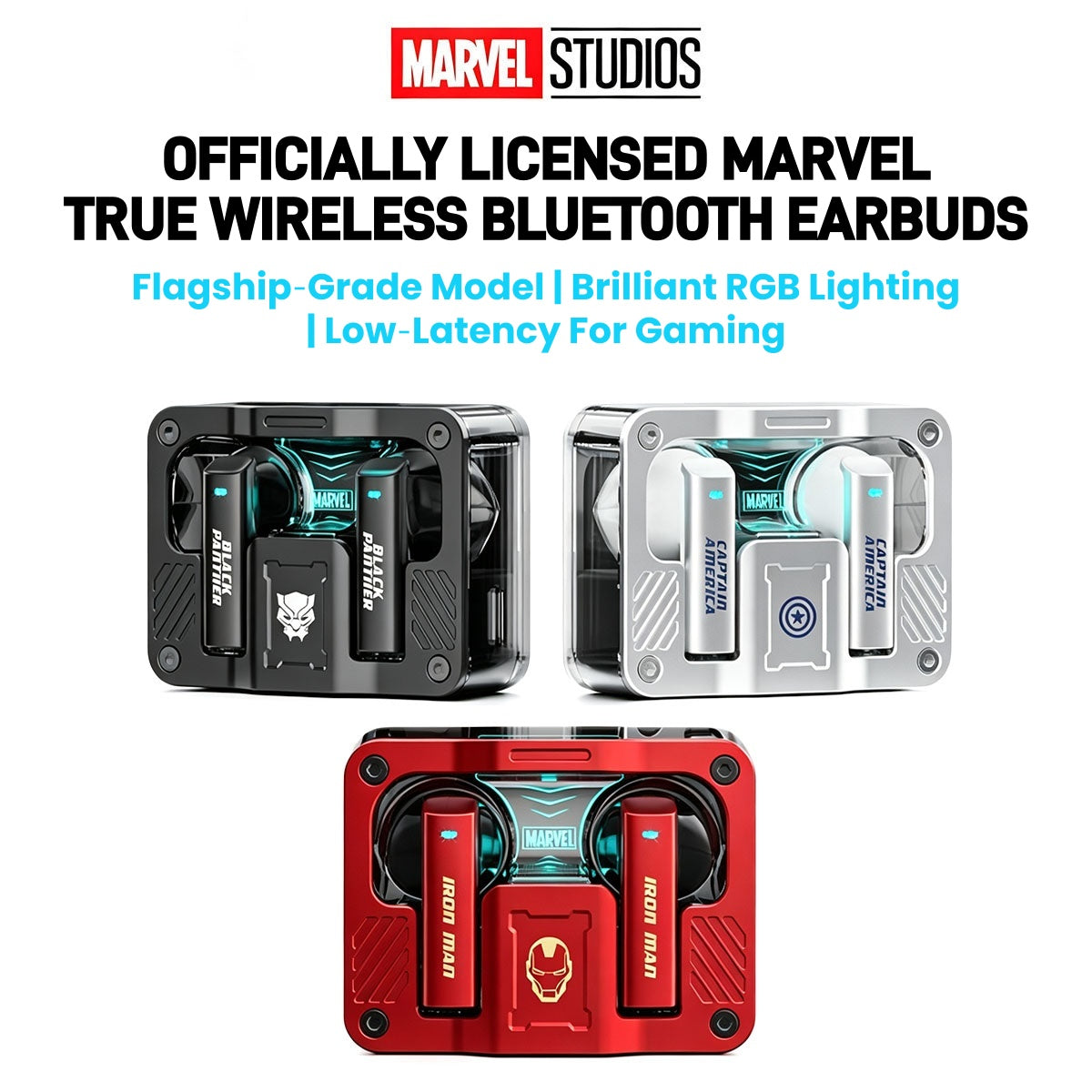 Marvel Avengers Iron Man Captain America Black Panther Multi‑Styles TWS Bluetooth 5.3 Gaming Earbuds, Transparent Zinc‑Alloy Charging Case, RGB Lighting Low Latency Touch Control Wireless Headphones For Superhero Fans Collectible Gift