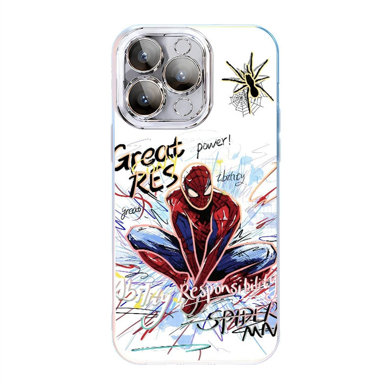 Marvel Spider‑Man 2‑Style Cartoon Graphic iPhone Phone Case, 3‑In‑1 Detachable Electroplated Camera Lens Frame Protective Cover, Quad Airbag Anti‑Drop Shockproof Phone Shell, Multiple Lens Protection Options