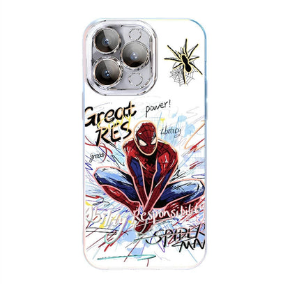 Marvel Spider‑Man 2‑Style Cartoon Graphic iPhone Phone Case, 3‑In‑1 Detachable Electroplated Camera Lens Frame Protective Cover, Quad Airbag Anti‑Drop Shockproof Phone Shell, Multiple Lens Protection Options