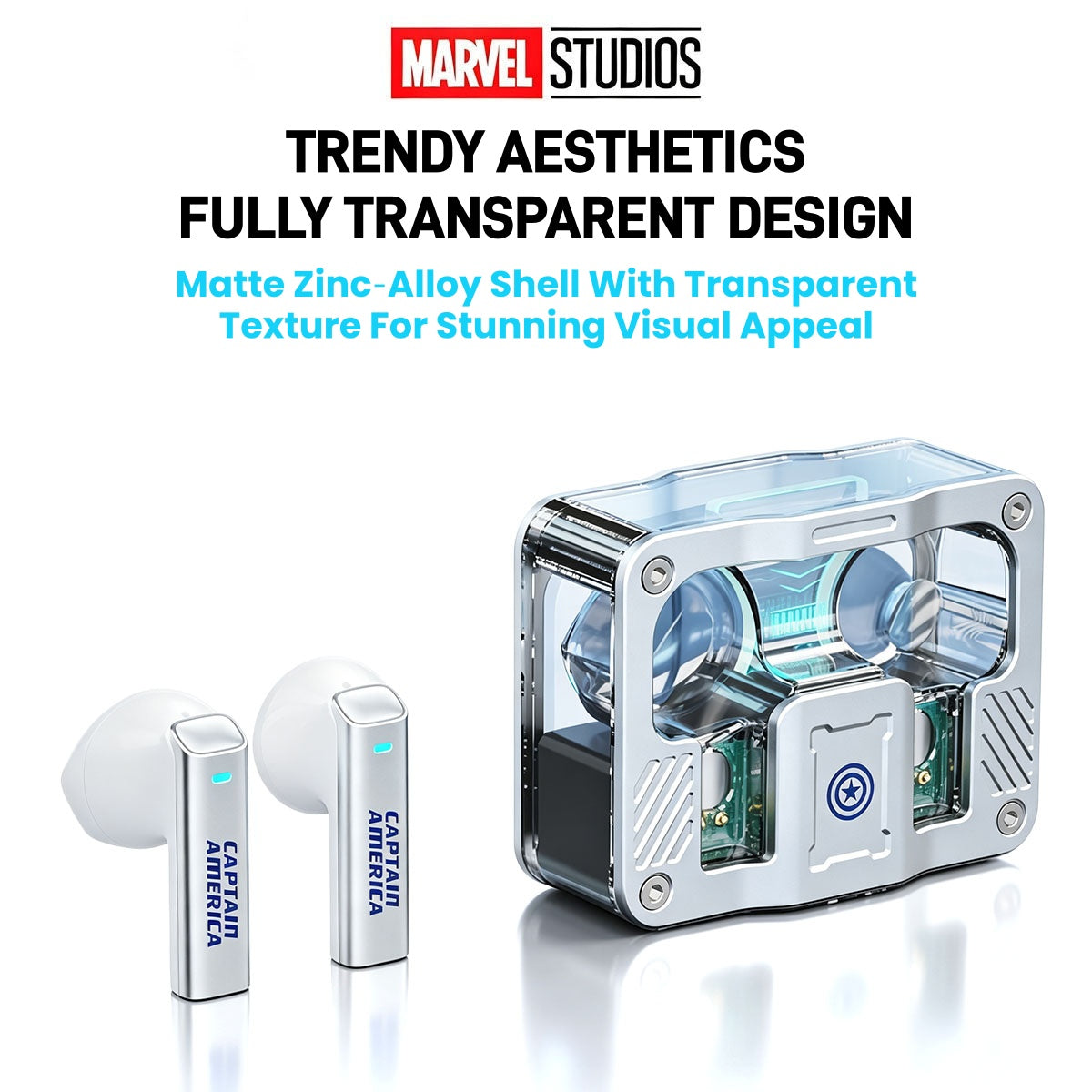 Marvel Avengers Iron Man Captain America Black Panther Multi‑Styles TWS Bluetooth 5.3 Gaming Earbuds, Transparent Zinc‑Alloy Charging Case, RGB Lighting Low Latency Touch Control Wireless Headphones For Superhero Fans Collectible Gift