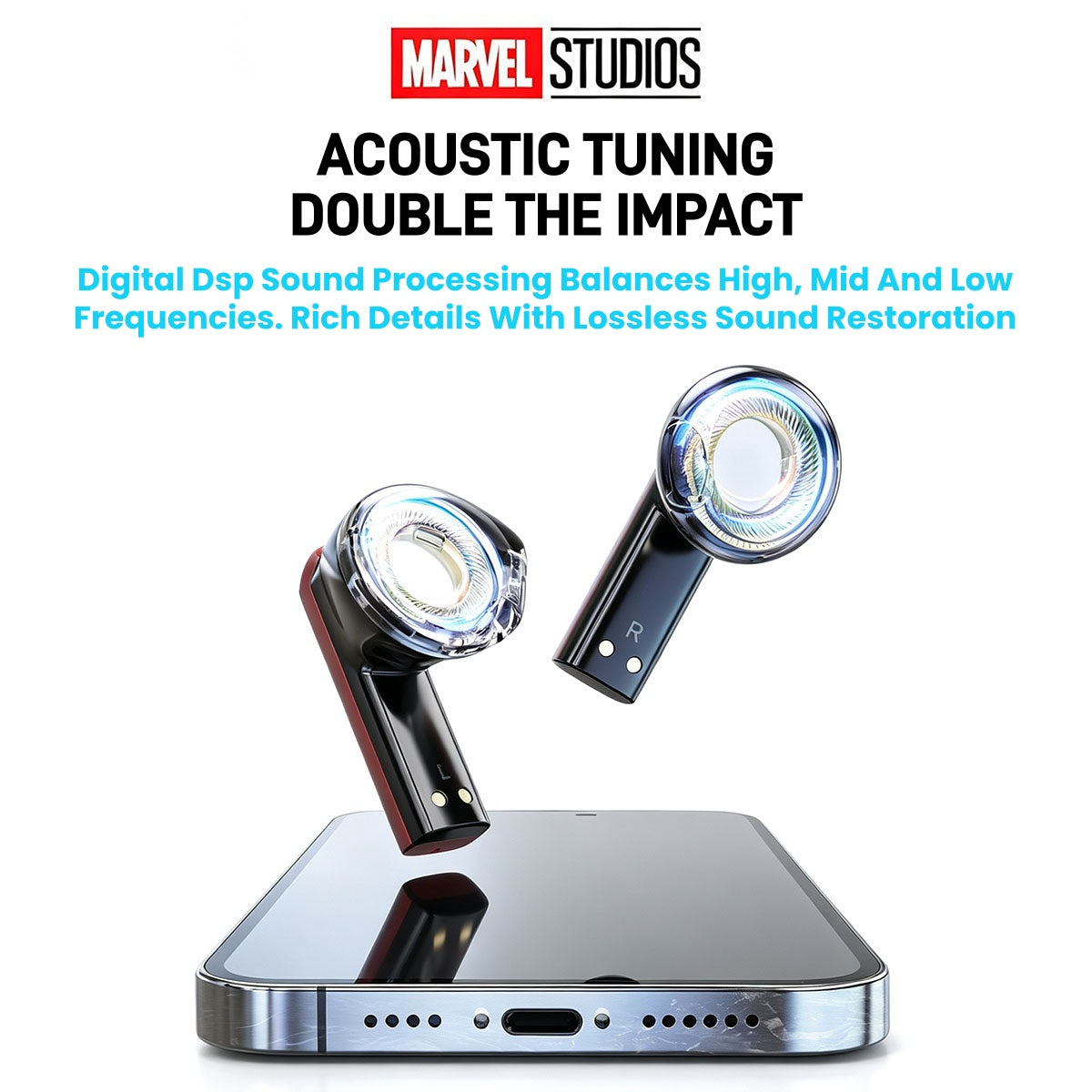 Marvel Avengers Iron Man Captain America Black Panther Multi‑Styles TWS Bluetooth 5.3 Gaming Earbuds, Transparent Zinc‑Alloy Charging Case, RGB Lighting Low Latency Touch Control Wireless Headphones For Superhero Fans Collectible Gift