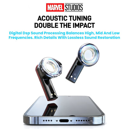 Marvel Avengers Iron Man Captain America Black Panther Multi‑Styles TWS Bluetooth 5.3 Gaming Earbuds, Transparent Zinc‑Alloy Charging Case, RGB Lighting Low Latency Touch Control Wireless Headphones For Superhero Fans Collectible Gift