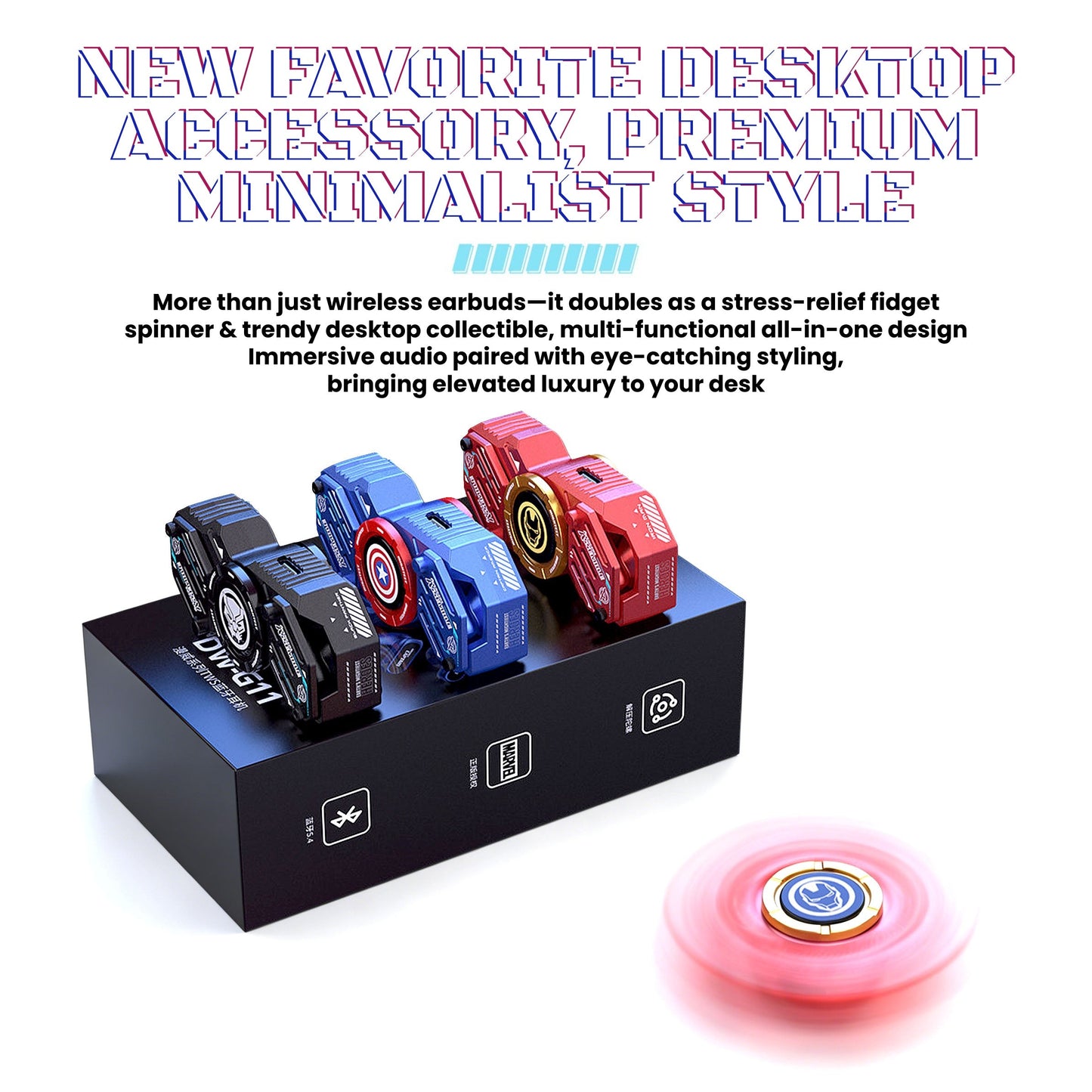 Marvel Avengers Iron Man Captain America Black Panther Fidget Spinner TWS Wireless Earbuds, Mechanical Mecha Zinc Alloy Bluetooth 5.4 Gaming Earphones With Touch Control Type‑C Charging For Fans