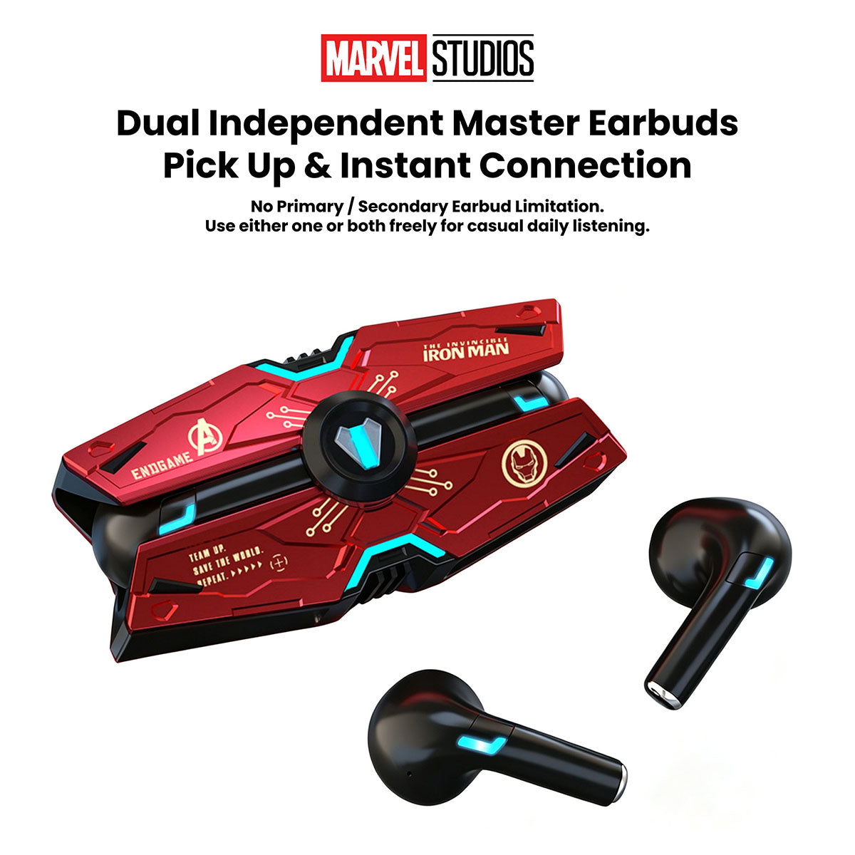 Marvel Avengers Iron Man Black Panther Captain America All‑Styles Slide Case Wireless Earbuds, Mecha Starship Shape TWS Bluetooth 5.0 Headphones, 16H Total Playtime Ergonomic Comfort Fit For Gaming Daily Entertainment