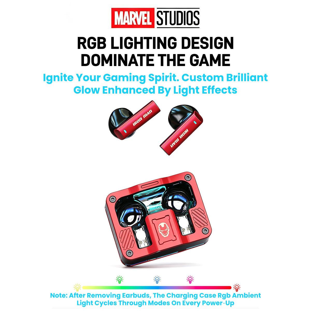 Marvel Avengers Iron Man Captain America Black Panther Multi‑Styles TWS Bluetooth 5.3 Gaming Earbuds, Transparent Zinc‑Alloy Charging Case, RGB Lighting Low Latency Touch Control Wireless Headphones For Superhero Fans Collectible Gift