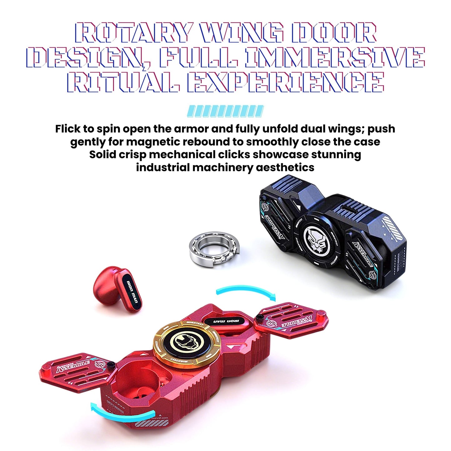 Marvel Avengers Iron Man Captain America Black Panther Fidget Spinner TWS Wireless Earbuds, Mechanical Mecha Zinc Alloy Bluetooth 5.4 Gaming Earphones With Touch Control Type‑C Charging For Fans