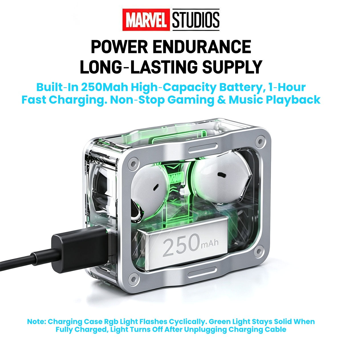 Marvel Avengers Iron Man Captain America Black Panther Multi‑Styles TWS Bluetooth 5.3 Gaming Earbuds, Transparent Zinc‑Alloy Charging Case, RGB Lighting Low Latency Touch Control Wireless Headphones For Superhero Fans Collectible Gift