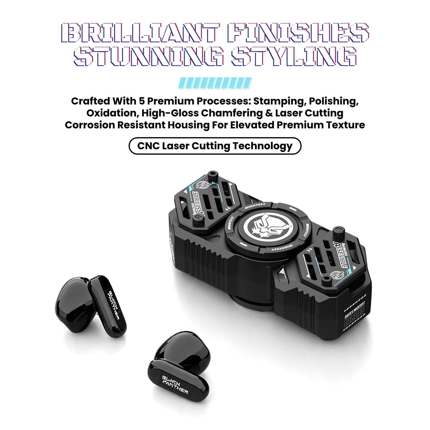 Marvel Avengers Iron Man Captain America Black Panther Fidget Spinner TWS Wireless Earbuds, Mechanical Mecha Zinc Alloy Bluetooth 5.4 Gaming Earphones With Touch Control Type‑C Charging For Fans