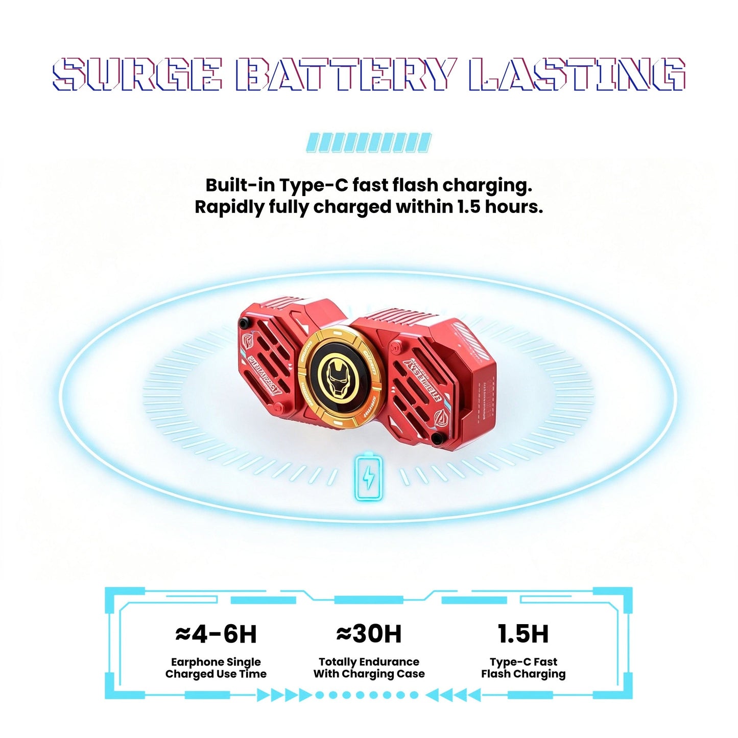 Marvel Avengers Iron Man Captain America Black Panther Fidget Spinner TWS Wireless Earbuds, Mechanical Mecha Zinc Alloy Bluetooth 5.4 Gaming Earphones With Touch Control Type‑C Charging For Fans
