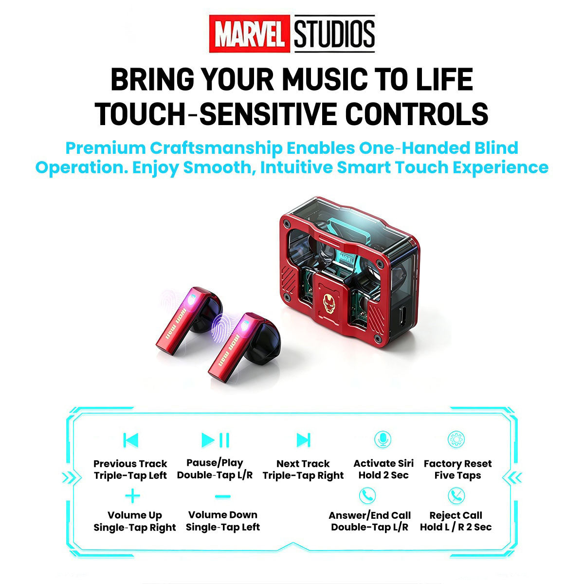 Marvel Avengers Iron Man Captain America Black Panther Multi‑Styles TWS Bluetooth 5.3 Gaming Earbuds, Transparent Zinc‑Alloy Charging Case, RGB Lighting Low Latency Touch Control Wireless Headphones For Superhero Fans Collectible Gift