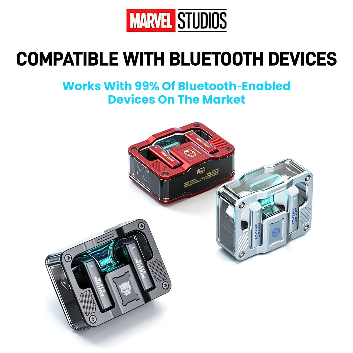 Marvel Avengers Iron Man Captain America Black Panther Multi‑Styles TWS Bluetooth 5.3 Gaming Earbuds, Transparent Zinc‑Alloy Charging Case, RGB Lighting Low Latency Touch Control Wireless Headphones For Superhero Fans Collectible Gift