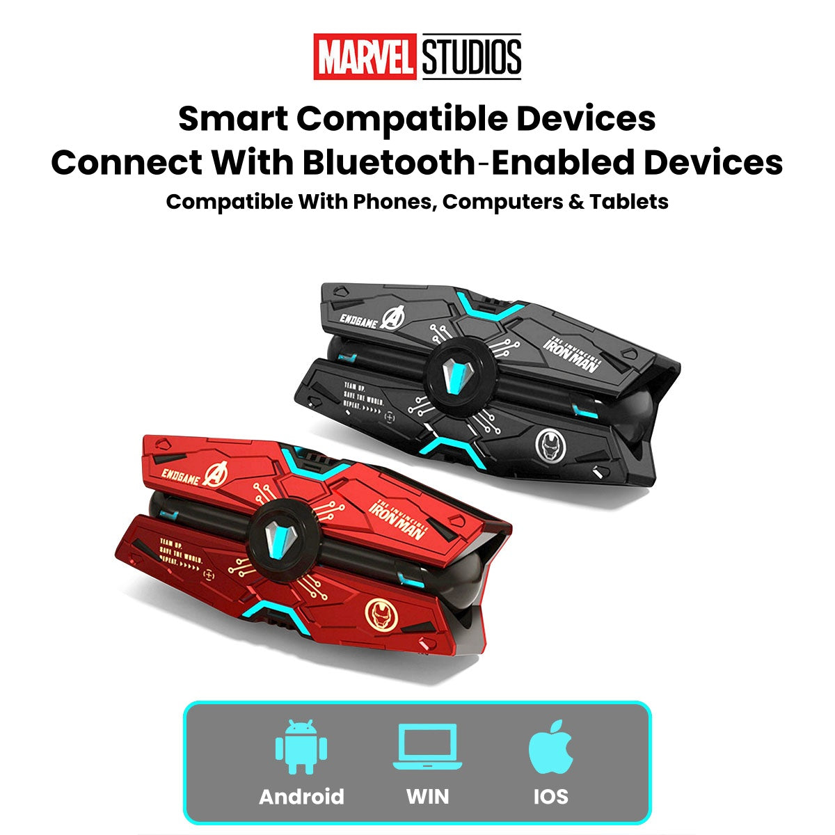 Marvel Avengers Iron Man Black Panther Captain America All‑Styles Slide Case Wireless Earbuds, Mecha Starship Shape TWS Bluetooth 5.0 Headphones, 16H Total Playtime Ergonomic Comfort Fit For Gaming Daily Entertainment