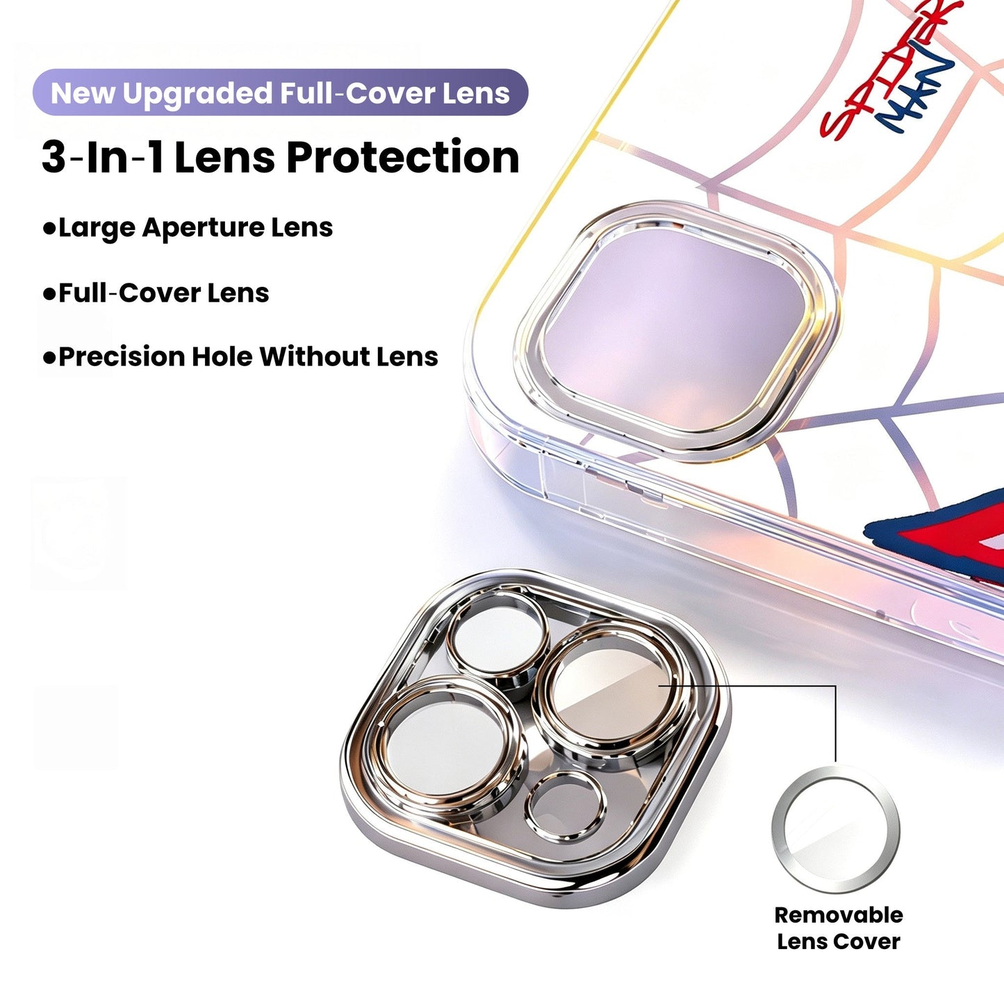 Marvel Spider‑Man 2‑Style Cartoon Graphic iPhone Phone Case, 3‑In‑1 Detachable Electroplated Camera Lens Frame Protective Cover, Quad Airbag Anti‑Drop Shockproof Phone Shell, Multiple Lens Protection Options