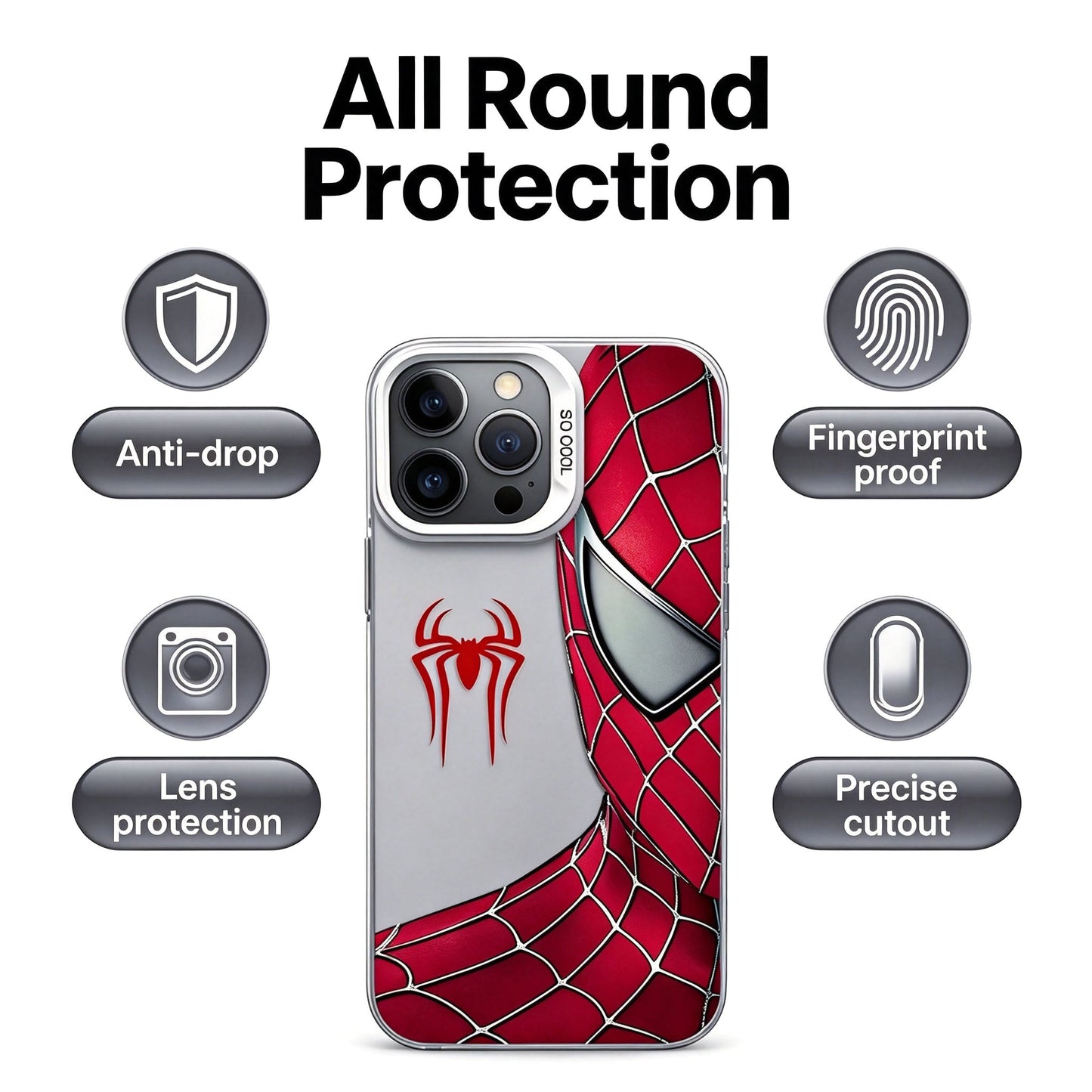 Marvel Spider‑Man Stylish Print iPhone Phone Case, Anti‑Drop Full‑Body Protective Cover, Fingerprint‑Proof Precise Cutout Lens Protection Phone Shell, Black & Clear 2 Colors Available