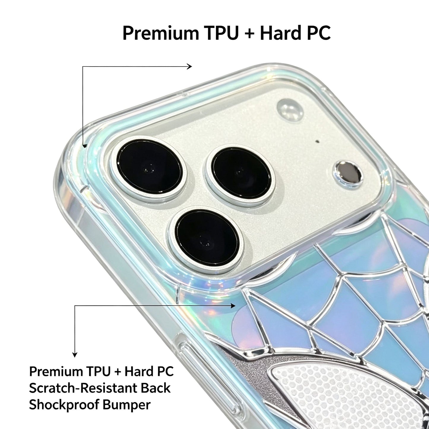 Marvel Spider-Man Holographic Iridescent Blue Purple Web Emboss Phone Case Premium TPU+PC Shockproof Slim Scratch Resistant Protective Cover Comfort Grip Fit For Full iPhone Series