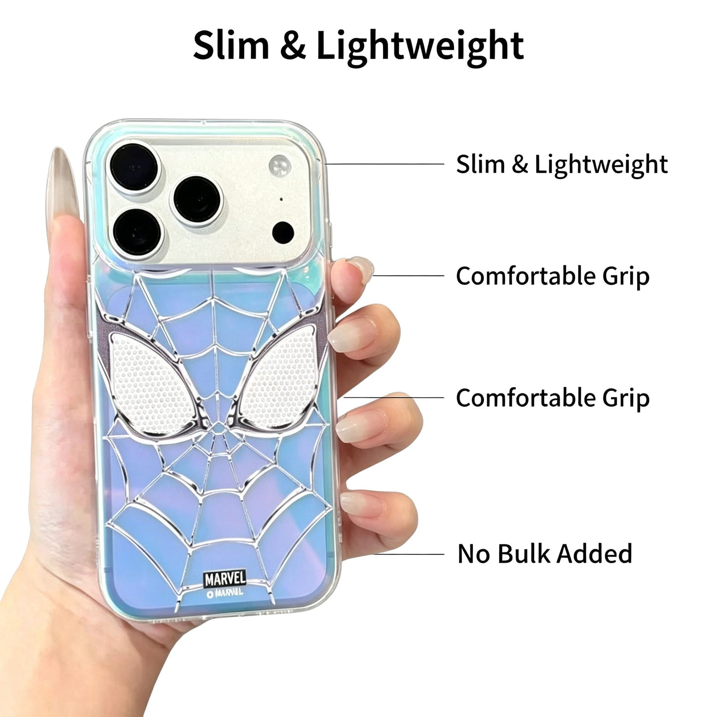 Marvel Spider-Man Holographic Iridescent Blue Purple Web Emboss Phone Case Premium TPU+PC Shockproof Slim Scratch Resistant Protective Cover Comfort Grip Fit For Full iPhone Series