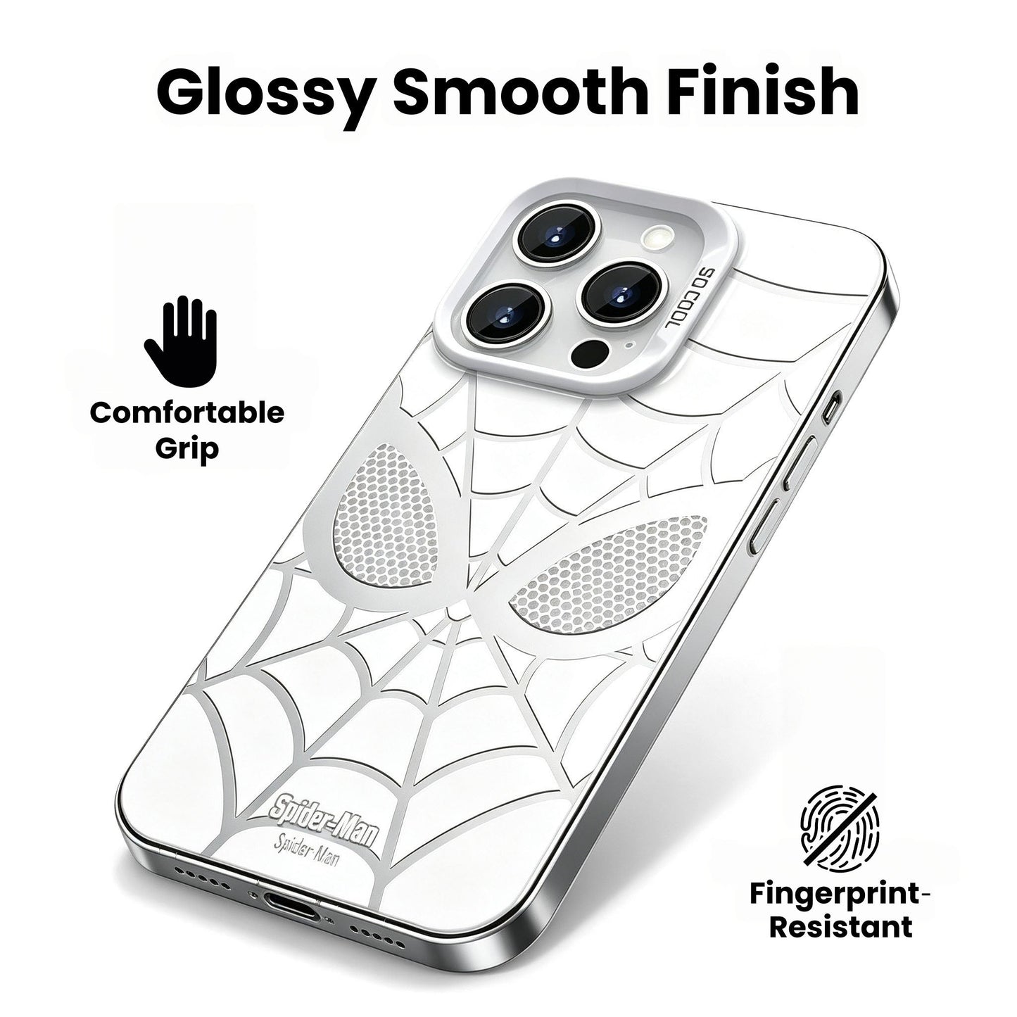 Marvel Spider‑Man Creative iPhone Phone Case, Glossy Smooth Fingerprint‑Resistant Cover with Camera Bezel Protection, Comfortable Grip Precise Fit Phone Shell, Black & White 2 Colors Available