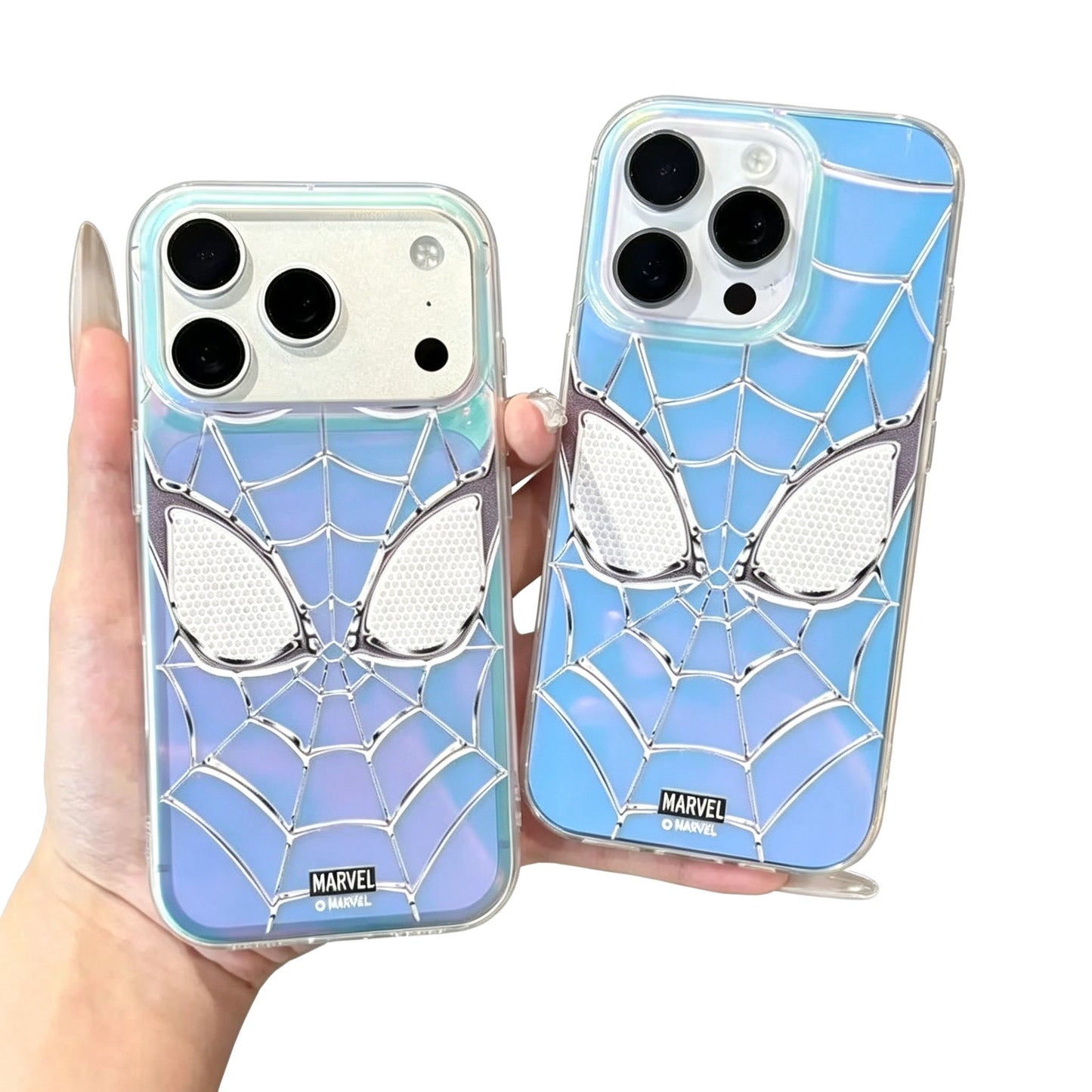 Marvel Spider-Man Holographic Iridescent Blue Purple Web Emboss Phone Case Premium TPU+PC Shockproof Slim Scratch Resistant Protective Cover Comfort Grip Fit For Full iPhone Series