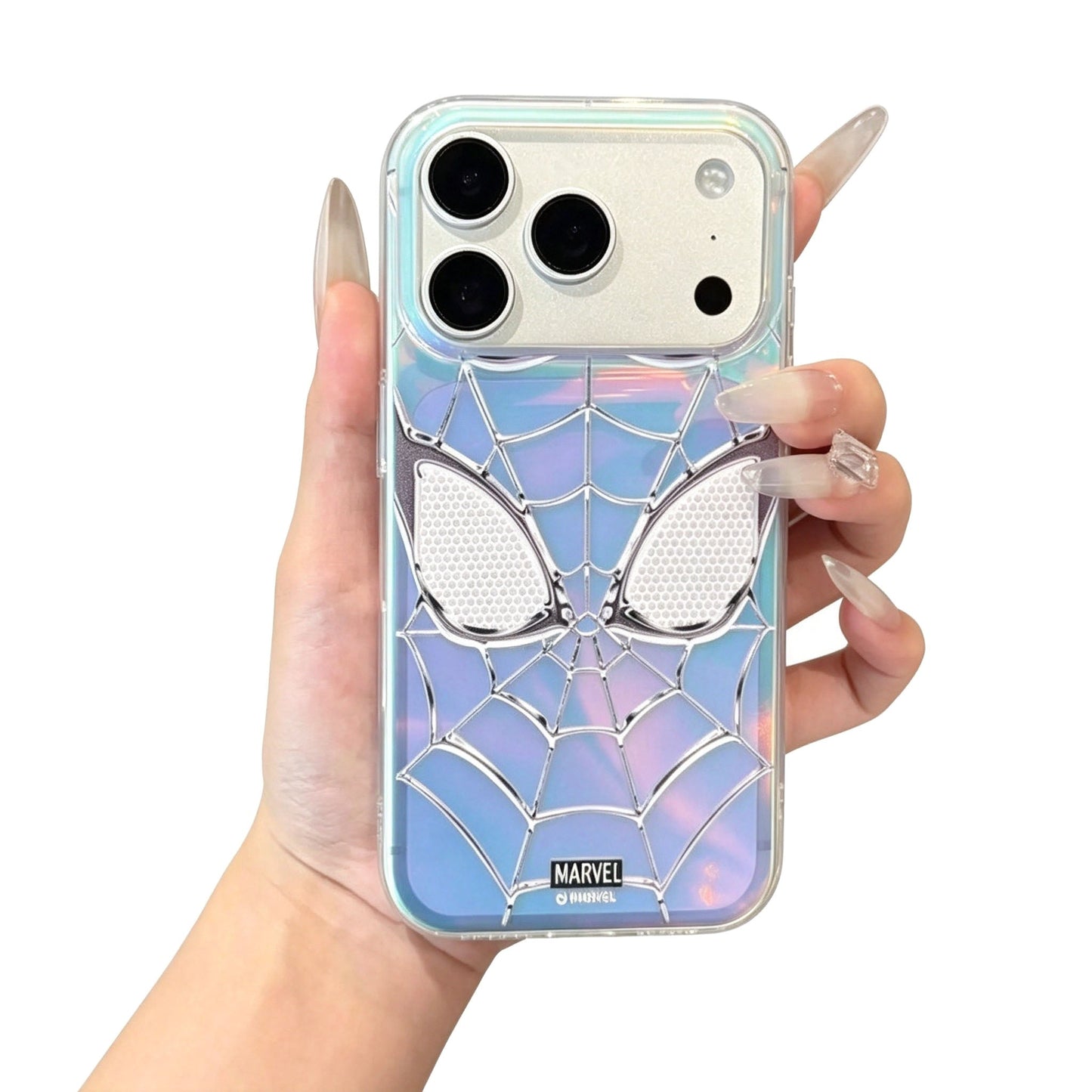 Marvel Spider-Man Holographic Iridescent Blue Purple Web Emboss Phone Case Premium TPU+PC Shockproof Slim Scratch Resistant Protective Cover Comfort Grip Fit For Full iPhone Series