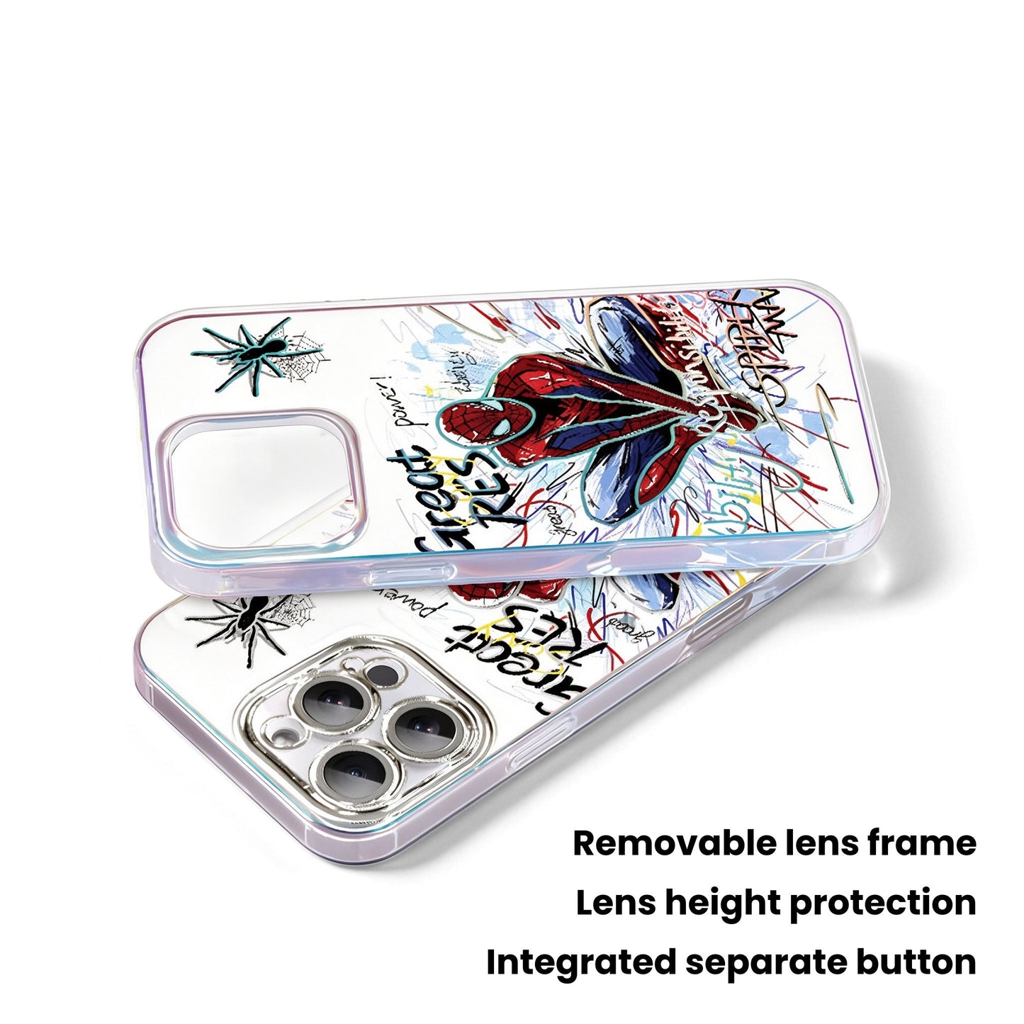 Marvel Spider‑Man 2‑Style Cartoon Graphic iPhone Phone Case, 3‑In‑1 Detachable Electroplated Camera Lens Frame Protective Cover, Quad Airbag Anti‑Drop Shockproof Phone Shell, Multiple Lens Protection Options