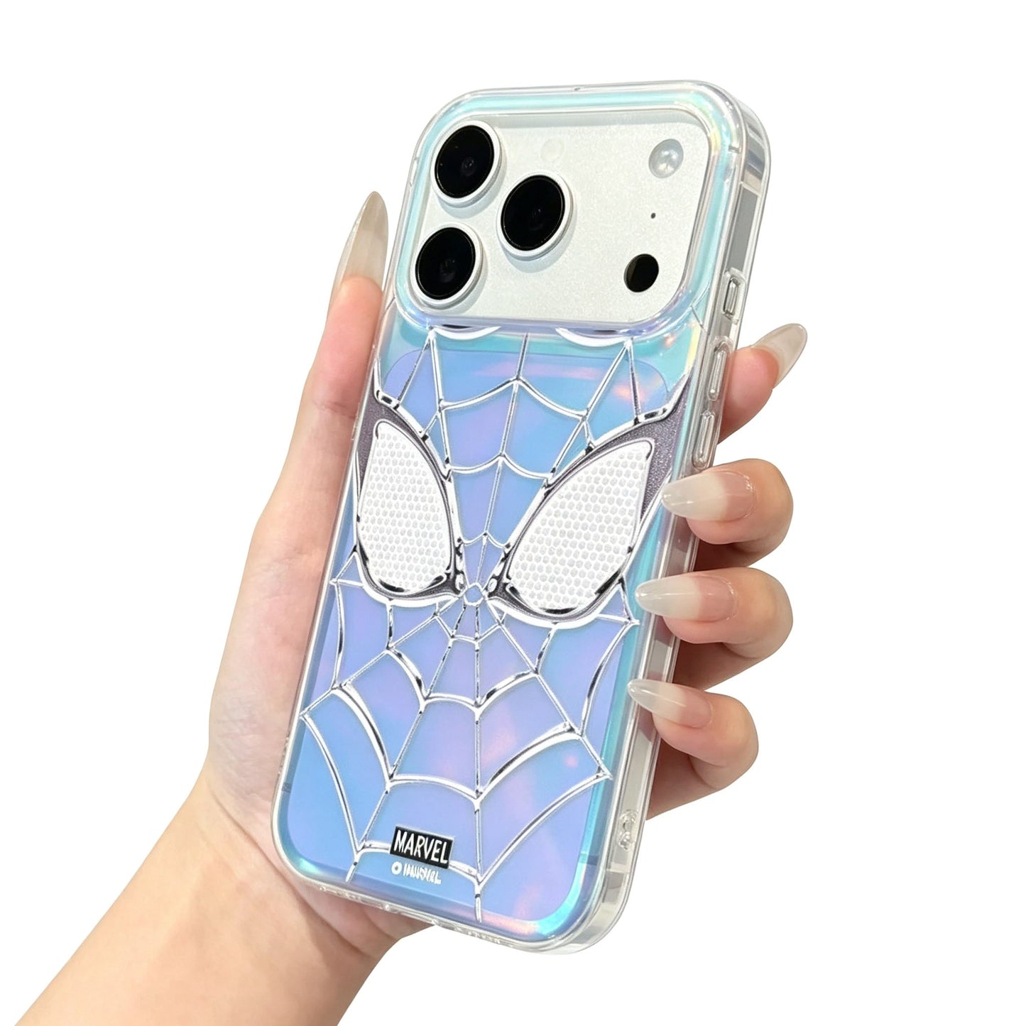 Marvel Spider-Man Holographic Iridescent Blue Purple Web Emboss Phone Case Premium TPU+PC Shockproof Slim Scratch Resistant Protective Cover Comfort Grip Fit For Full iPhone Series