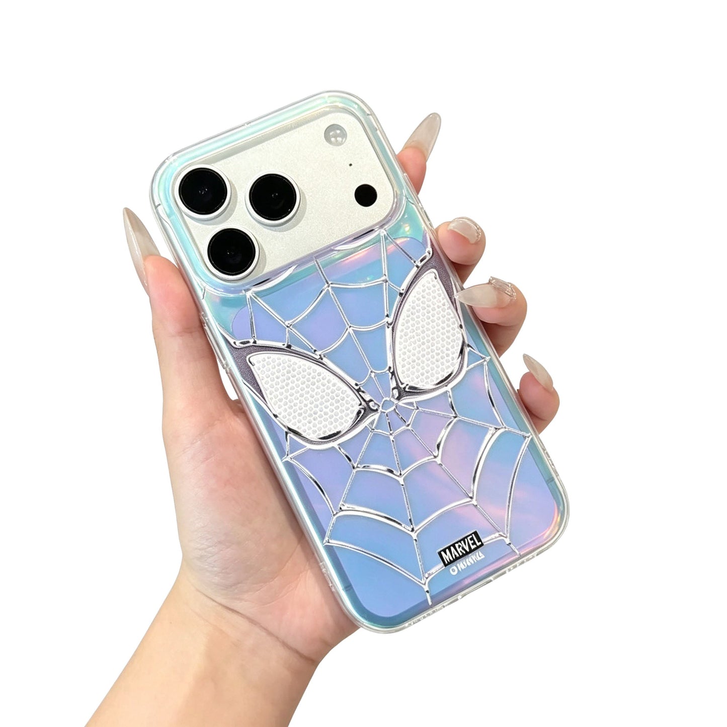 Marvel Spider-Man Holographic Iridescent Blue Purple Web Emboss Phone Case Premium TPU+PC Shockproof Slim Scratch Resistant Protective Cover Comfort Grip Fit For Full iPhone Series