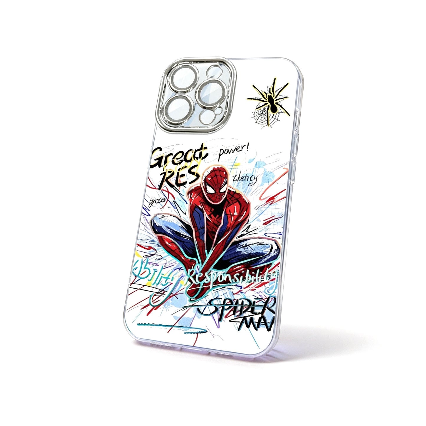 Marvel Spider‑Man 2‑Style Cartoon Graphic iPhone Phone Case, 3‑In‑1 Detachable Electroplated Camera Lens Frame Protective Cover, Quad Airbag Anti‑Drop Shockproof Phone Shell, Multiple Lens Protection Options